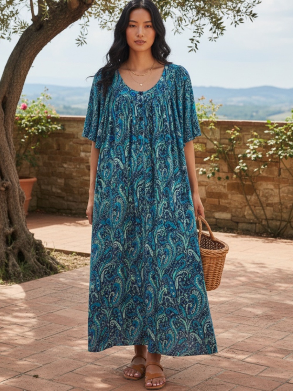Go Softly Patio Midi Maxi House Dress Sz Medium Blue Teal Paisley Mumu Boho